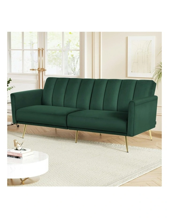 Adjustable Arm Recliner Velvet 3 Seater Sofa Bed in Green image 3