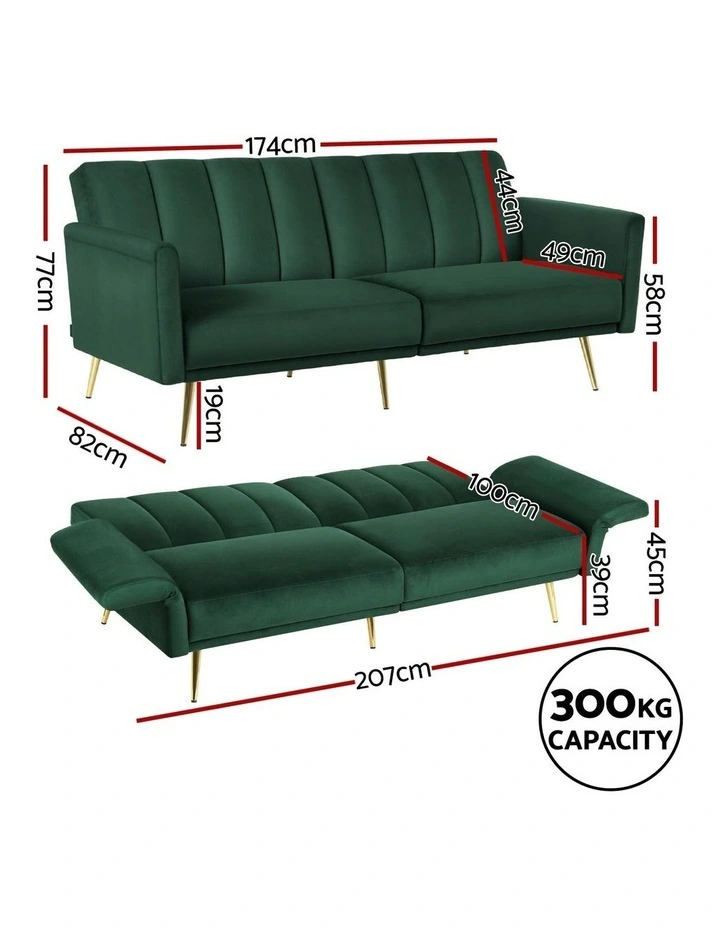 Adjustable Arm Recliner Velvet 3 Seater Sofa Bed in Green image 4