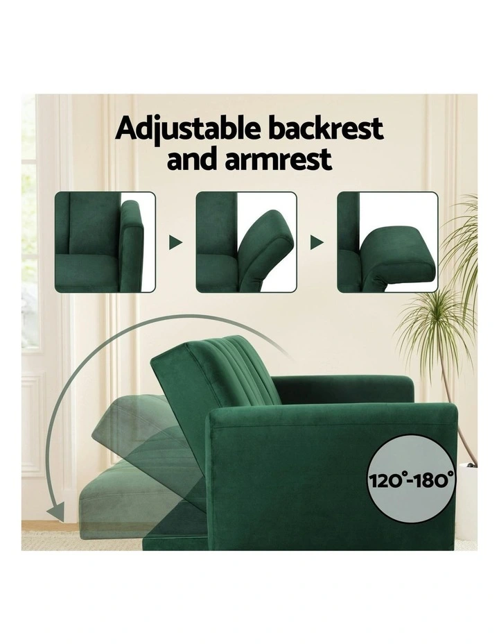 Adjustable Arm Recliner Velvet 3 Seater Sofa Bed in Green image 5