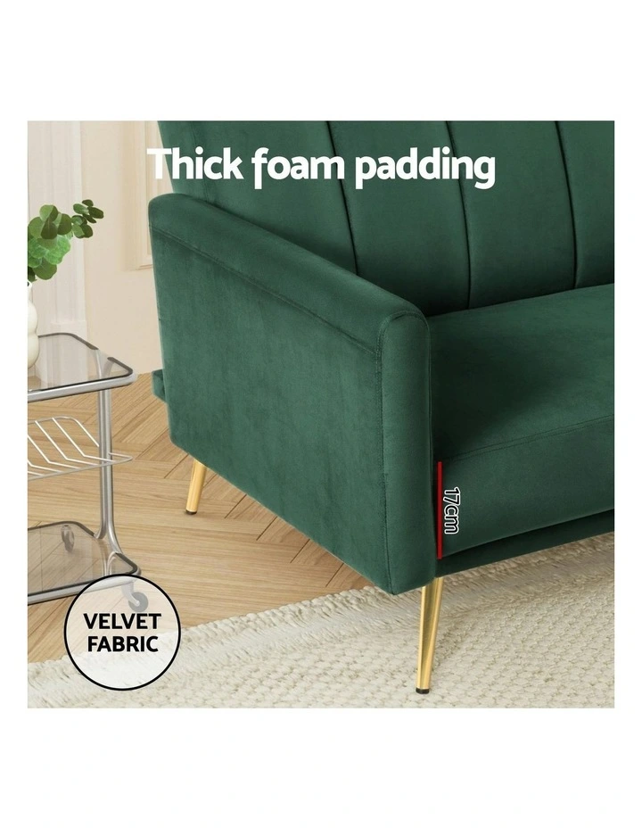 Adjustable Arm Recliner Velvet 3 Seater Sofa Bed in Green image 6