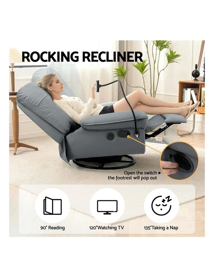 Recliner with USB Ports Rocking Chair in Grey image 5