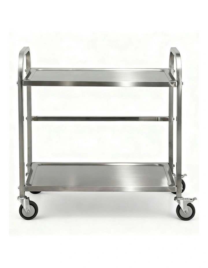 2-Tier Stainless Steel Kitchen Trolley with Wheels 84x56x98cm in Silver image 2