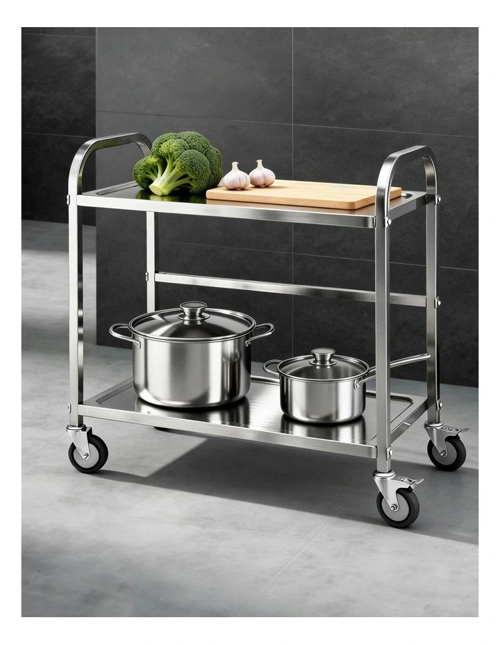 2-Tier Stainless Steel Kitchen Trolley with Wheels 84x56x98cm in Silver image 3