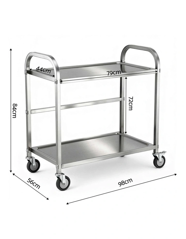2-Tier Stainless Steel Kitchen Trolley with Wheels 84x56x98cm in Silver image 4