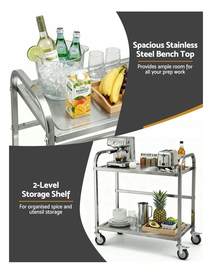 2-Tier Stainless Steel Kitchen Trolley with Wheels 84x56x98cm in Silver image 5