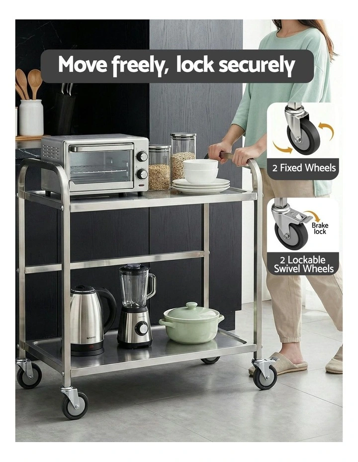 2-Tier Stainless Steel Kitchen Trolley with Wheels 84x56x98cm in Silver image 7