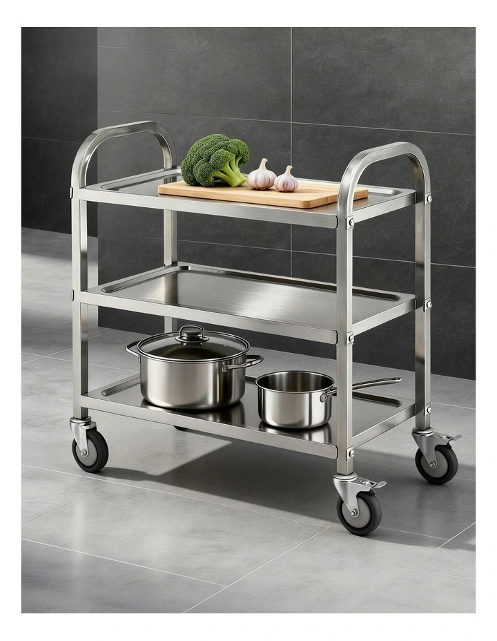 3-Tier Stainless Steel Kitchen Trolley with Wheels 89X50X83cm in Silver image 3