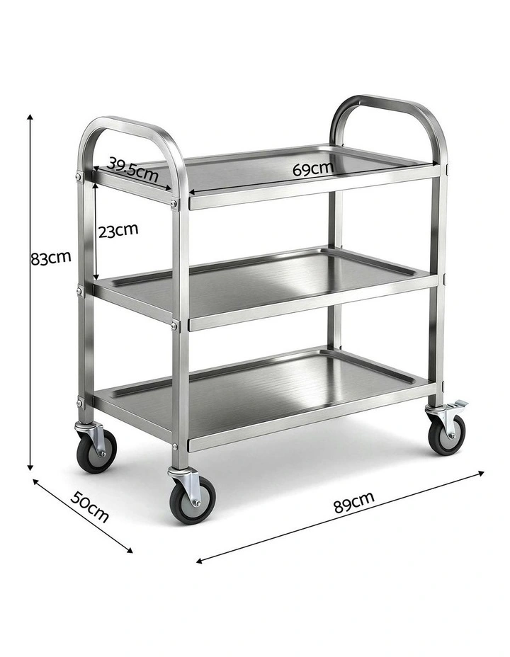 3-Tier Stainless Steel Kitchen Trolley with Wheels 89X50X83cm in Silver image 4