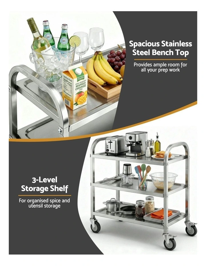 3-Tier Stainless Steel Kitchen Trolley with Wheels 89X50X83cm in Silver image 5