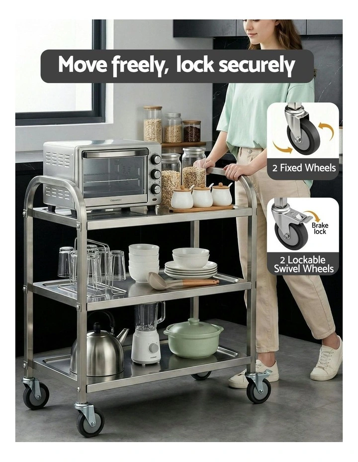 3-Tier Stainless Steel Kitchen Trolley with Wheels 89X50X83cm in Silver image 7