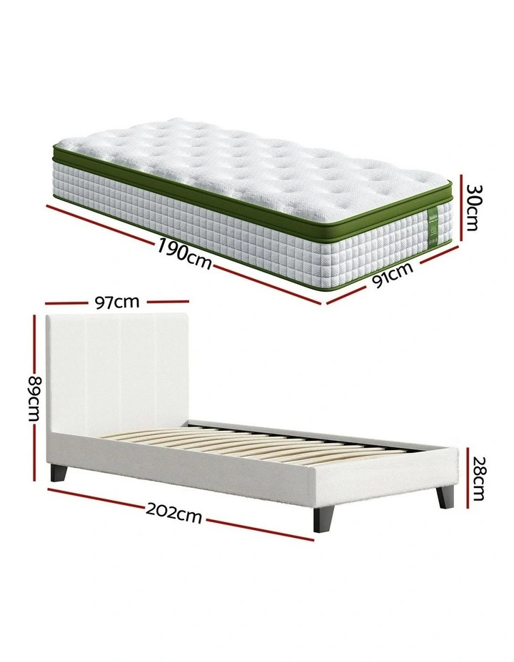 Single Bed Frame With Hybrid Mattress Set Boucle Medium Firm 30cm in White image 4