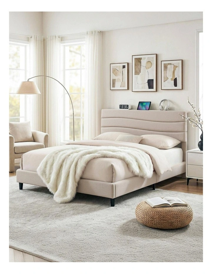 Charging Ports Queen Bed Frame with Storage Adjustable Headboard in Beige image 3