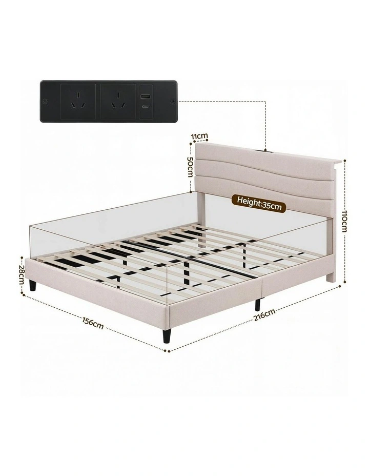 Charging Ports Queen Bed Frame with Storage Adjustable Headboard in Beige image 4