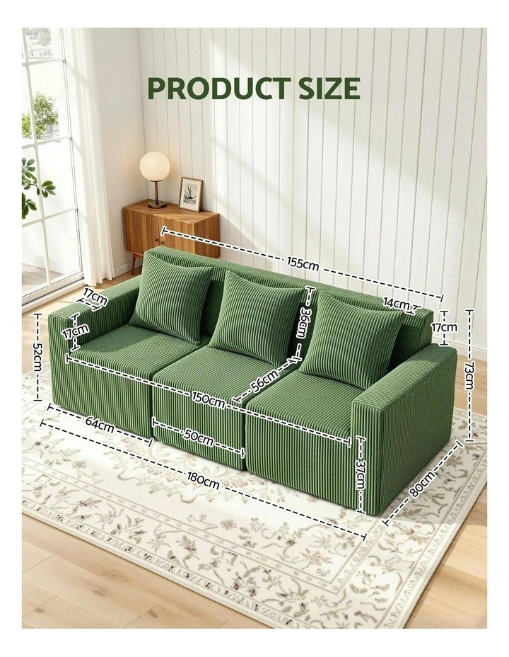 Convertible Sectional Floor Couch with Deep Seat Modular Sofa Bed 3-Seater in Green image 4