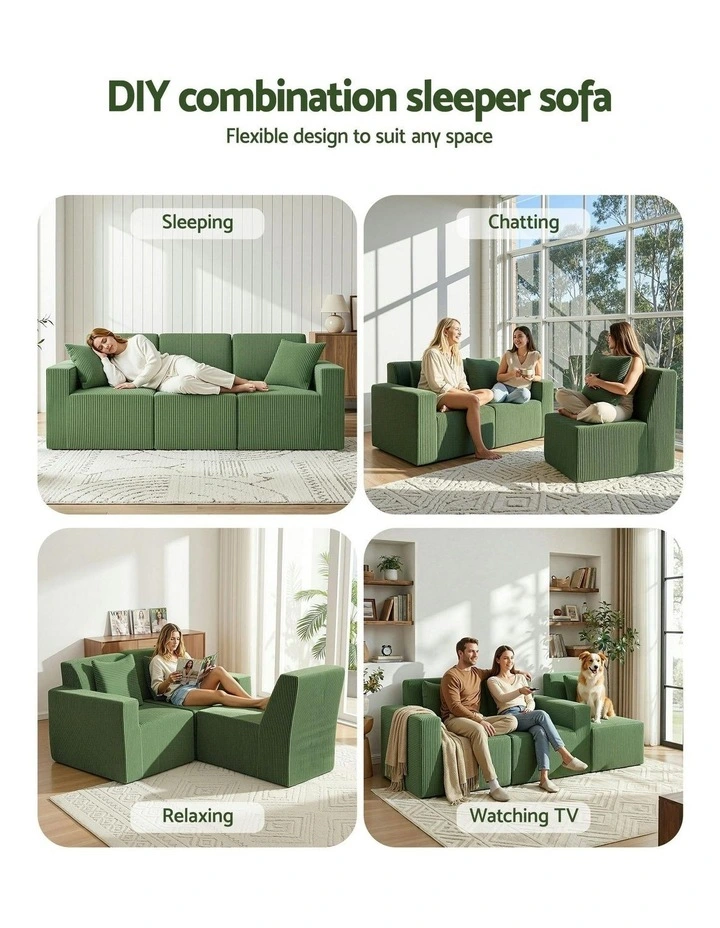 Convertible Sectional Floor Couch with Deep Seat Modular Sofa Bed 3-Seater in Green image 5