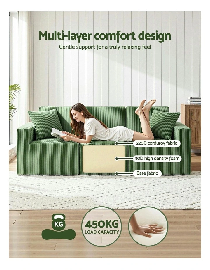 Convertible Sectional Floor Couch with Deep Seat Modular Sofa Bed 3-Seater in Green image 6