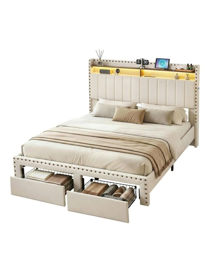 Queen Upholstered Bed Frame with Shelf Storage Drawers in Beige image 1