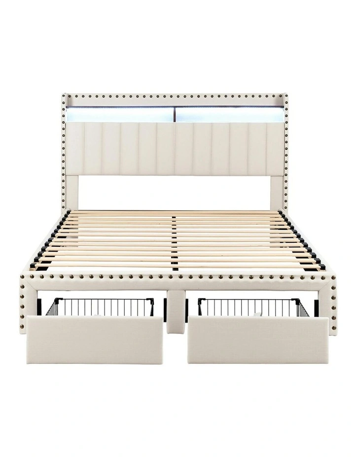 Queen Upholstered Bed Frame with Shelf Storage Drawers in Beige image 2