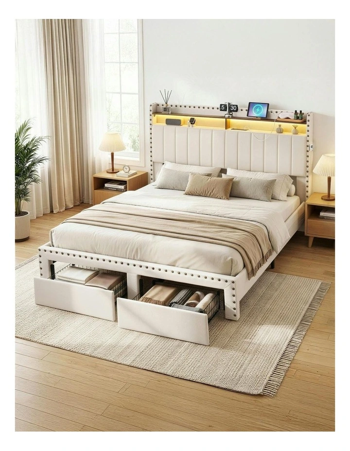 Queen Upholstered Bed Frame with Shelf Storage Drawers in Beige image 3