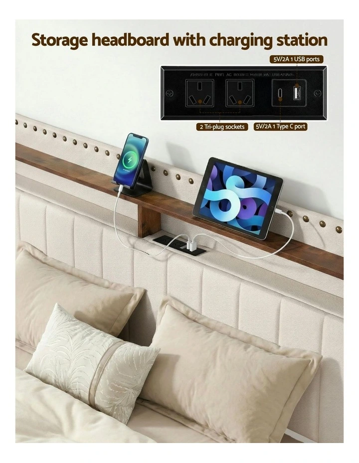 Queen Upholstered Bed Frame with Shelf Storage Drawers in Beige image 6