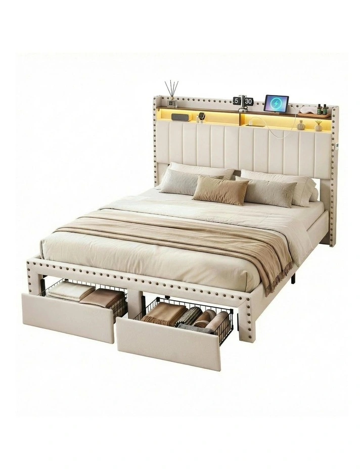 Shelf Storage Drawers with Upholstered Bed Frame King in Beige image 1
