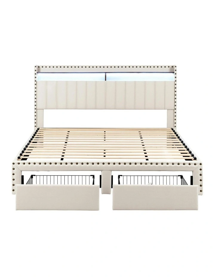 Shelf Storage Drawers with Upholstered Bed Frame King in Beige image 2