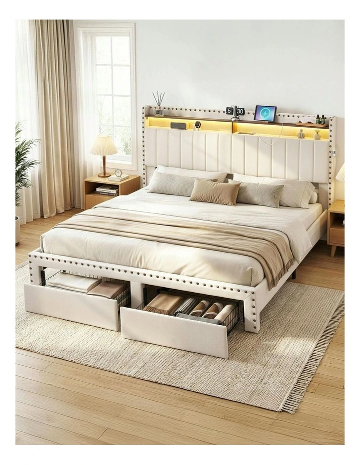 Shelf Storage Drawers with Upholstered Bed Frame King in Beige image 3