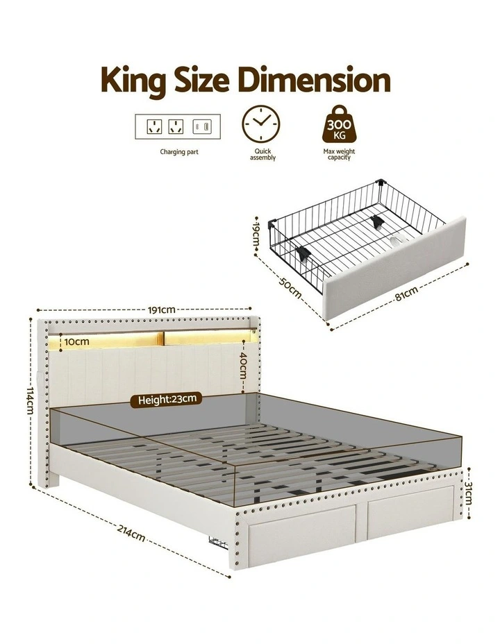 Shelf Storage Drawers with Upholstered Bed Frame King in Beige image 4