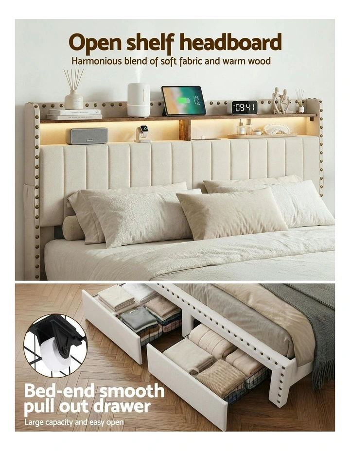 Shelf Storage Drawers with Upholstered Bed Frame King in Beige image 5