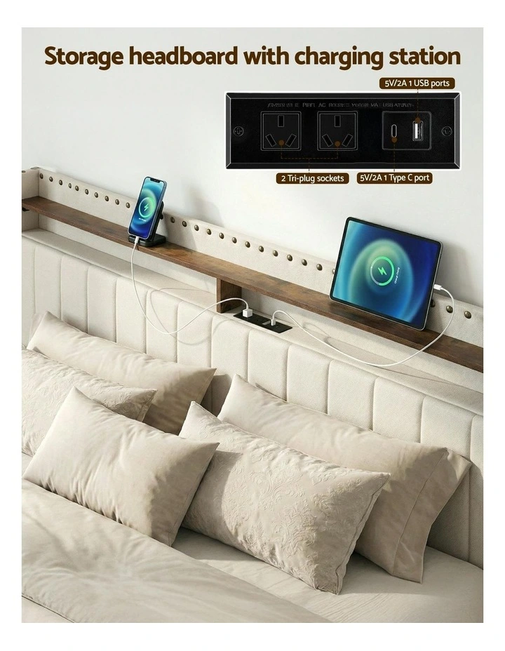 Shelf Storage Drawers with Upholstered Bed Frame King in Beige image 6