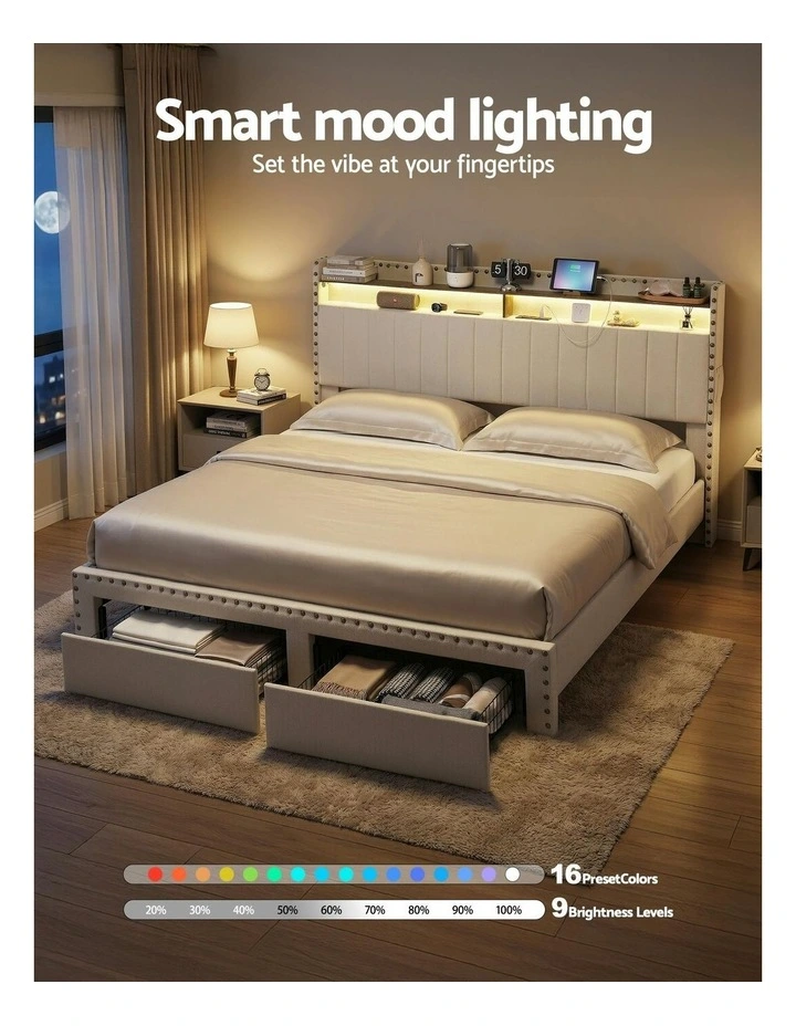 Shelf Storage Drawers with Upholstered Bed Frame King in Beige image 7