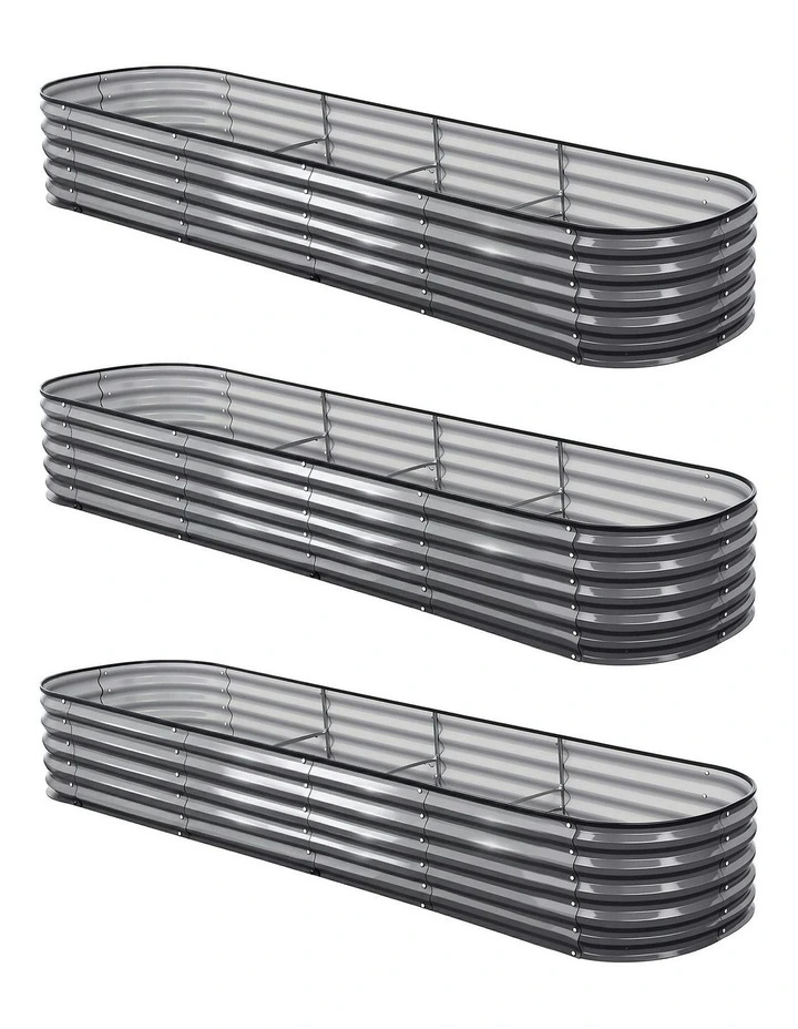 Oval Galvanized Steel Raised Garden Bed Kit 320x80x42cm Pack of 3 in Grey image 1