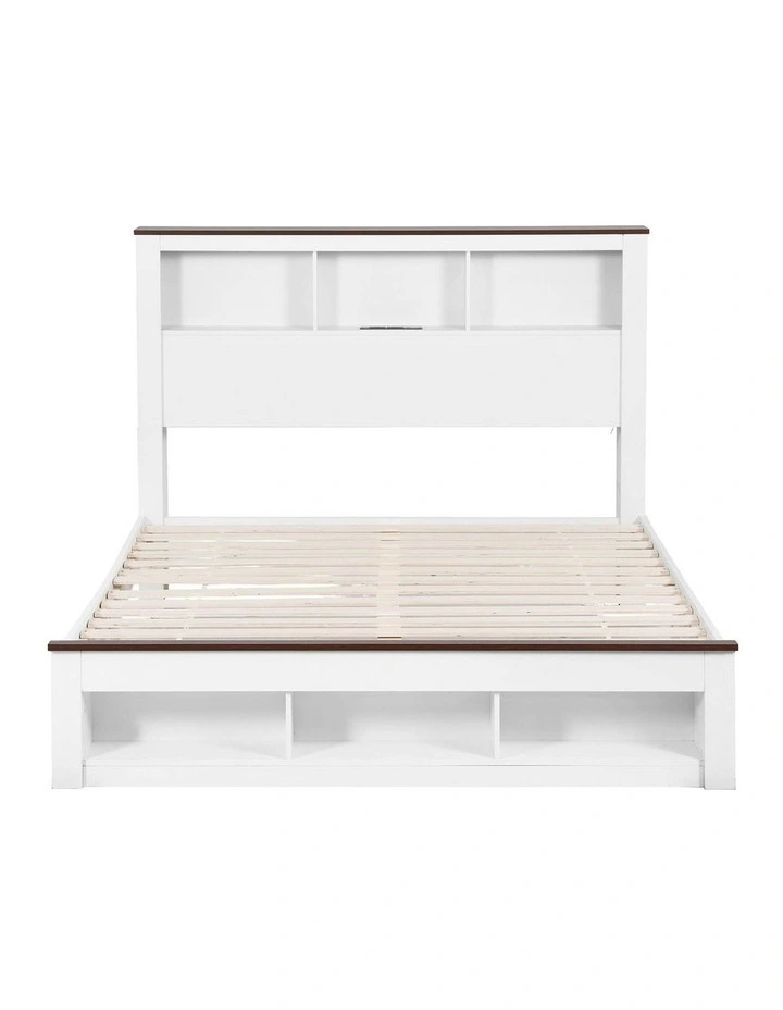 Wooden Platform With USB And Led Light Double Storage Bed Frame in White image 2