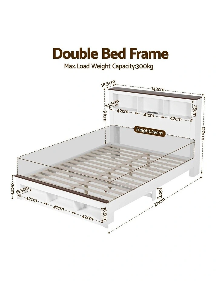 Wooden Platform With USB And Led Light Double Storage Bed Frame in White image 4