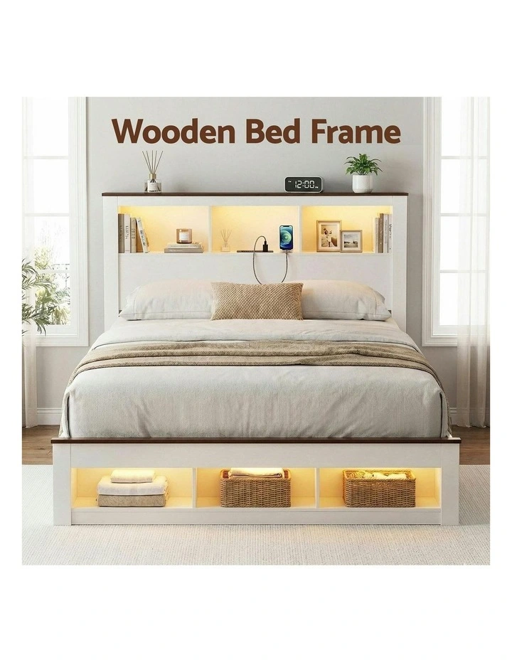 Wooden Platform With USB And Led Light Double Storage Bed Frame in White image 5