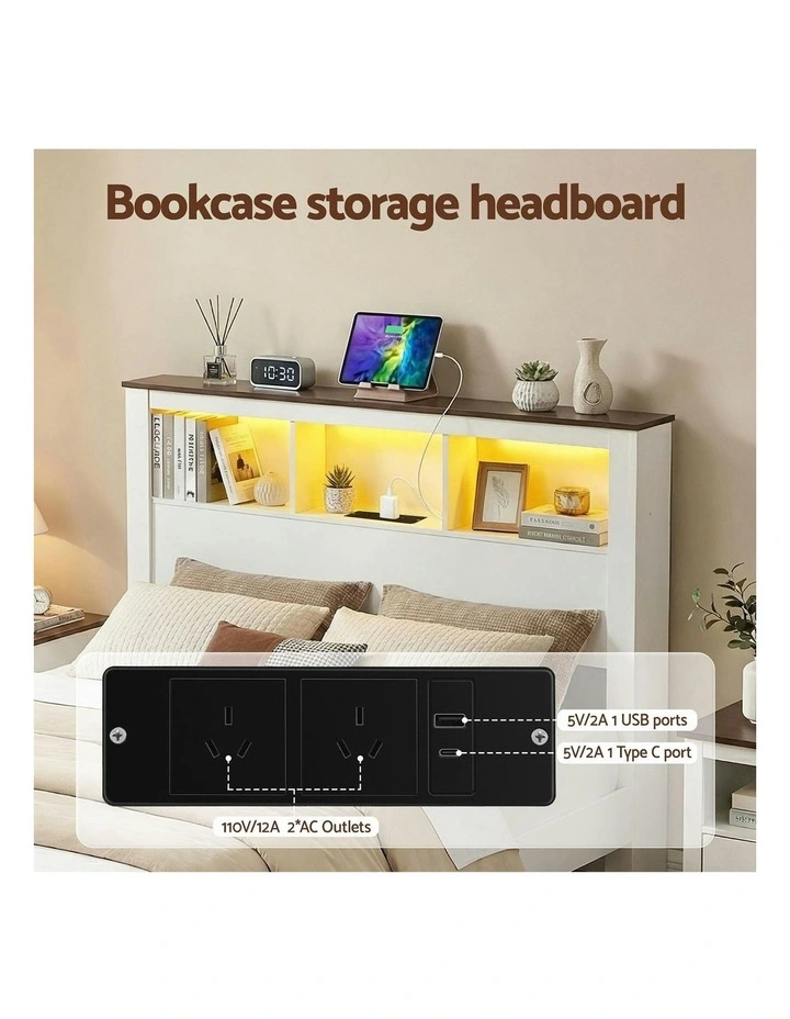 Wooden Platform With USB And Led Light Double Storage Bed Frame in White image 6