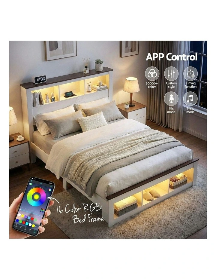 Wooden Platform With USB And Led Light Double Storage Bed Frame in White image 7