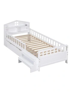 Montessori Bed 2 USB Port Led Light Single Bed Frame With 2 Drawers in White