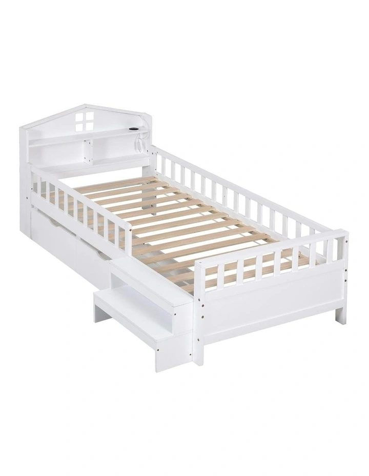 Montessori Bed 2 USB Port Led Light Single Bed Frame With 2 Drawers in White image 1