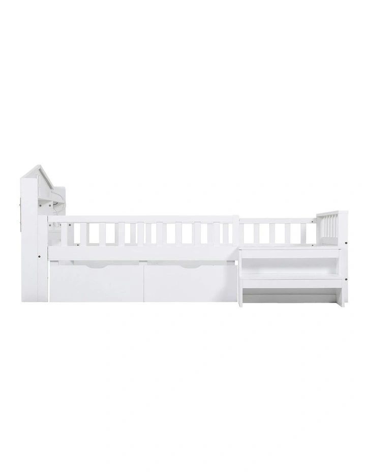 Montessori Bed 2 USB Port Led Light Single Bed Frame With 2 Drawers in White image 2