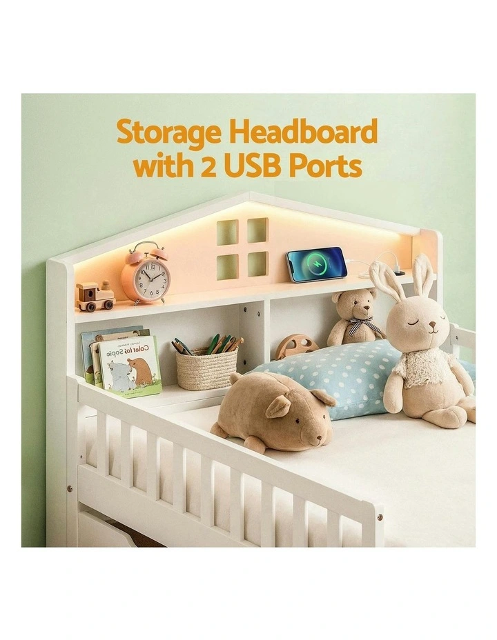 Montessori Bed 2 USB Port Led Light Single Bed Frame With 2 Drawers in White image 5