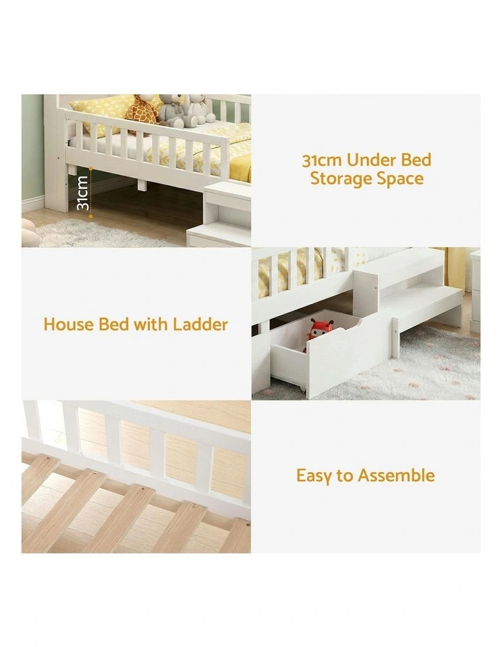 Montessori Bed 2 USB Port Led Light Single Bed Frame With 2 Drawers in White image 6