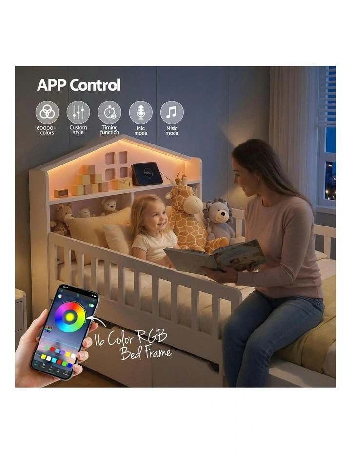 Montessori Bed 2 USB Port Led Light Single Bed Frame With 2 Drawers in White image 7