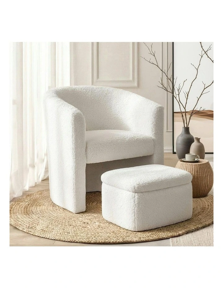 Ottoman Lounge Footrest Storage Boucle Armchair Accent Chair in White image 3