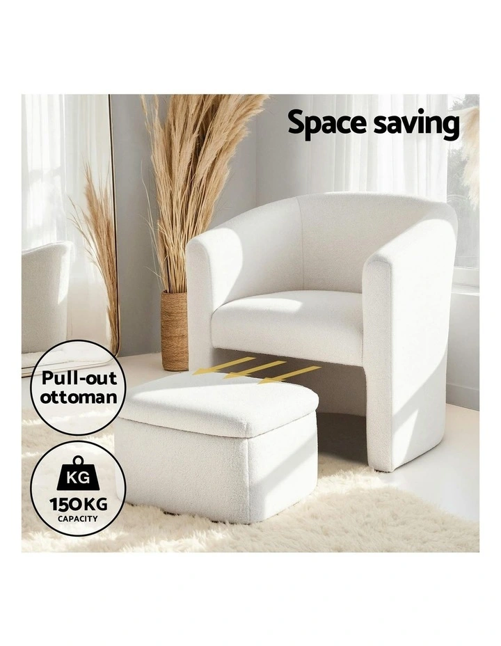 Ottoman Lounge Footrest Storage Boucle Armchair Accent Chair in White image 5