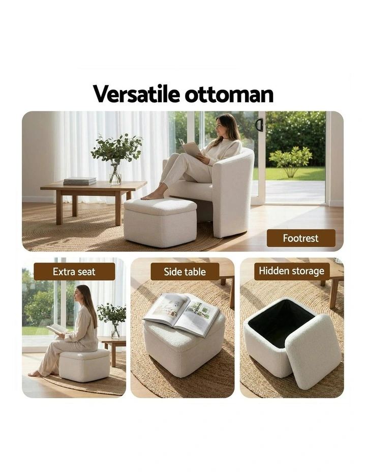 Ottoman Lounge Footrest Storage Boucle Armchair Accent Chair in White image 6