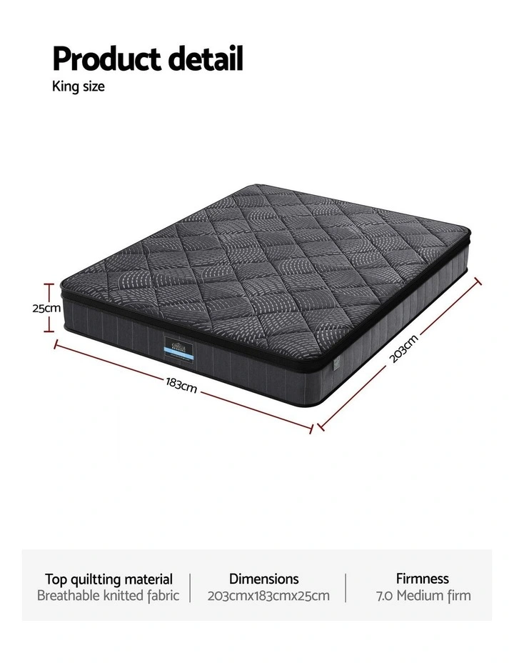 King Mattress 25cm Pocket Spring Latex Euro Top Medium Firm Bed in Black image 4