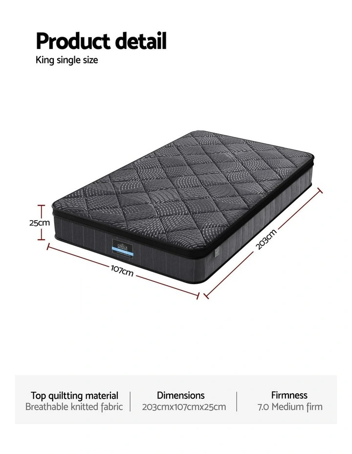 King Single Mattress Pocket Spring Latex Euro Top Medium Firm Bed 25cm in Black image 4