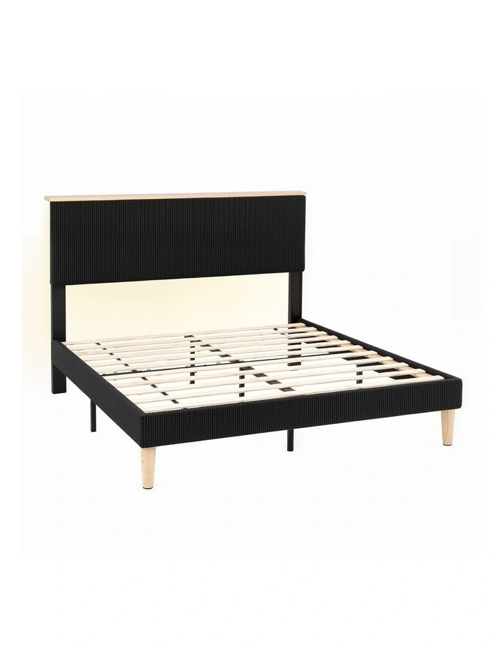 Upholstered Adjustable Headboard Mood Lighting Heavy Duty Velvet Double Bed Frame in Black image 1
