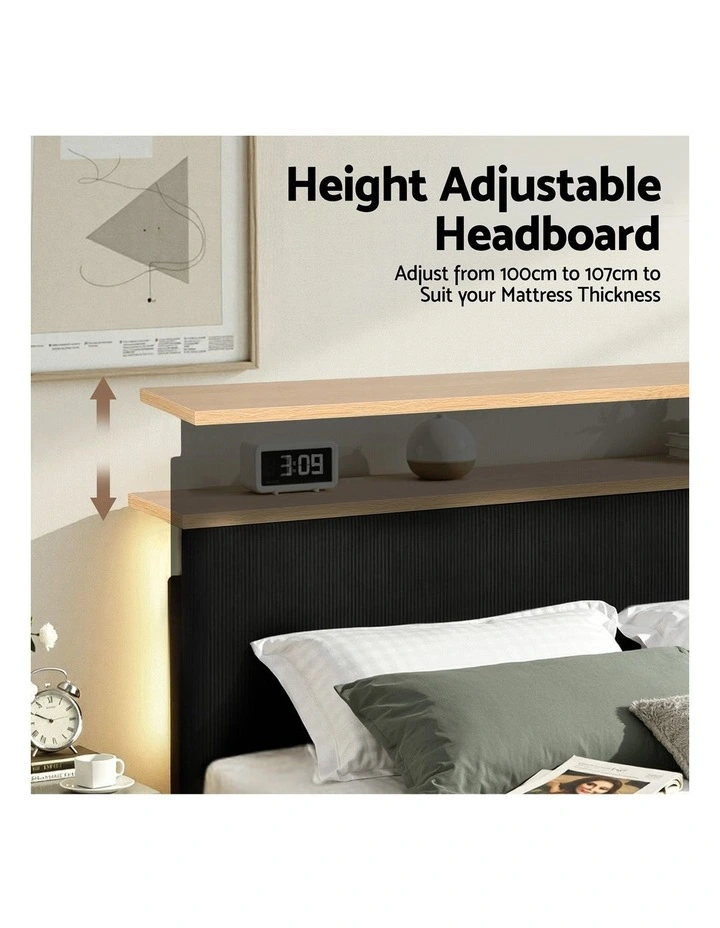 Upholstered Adjustable Headboard Mood Lighting Heavy Duty Velvet Double Bed Frame in Black image 5